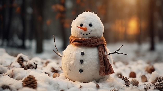 Homem de neve no inverno cena de Natal com pinheiros de neve e luz quente