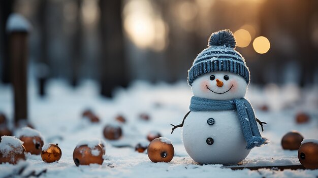 Homem de neve no inverno cena de Natal com pinheiros de neve e luz quente