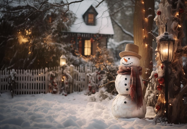 homem de neve no inverno contra o fundo de uma casa da floresta e árvores com guirlandas