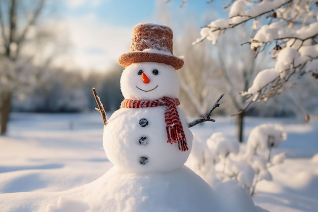 Homem-de-neve num belo dia de inverno ensolarado Homem- de-neve alegre num prado coberto de neve
