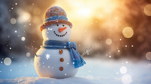 Foto homem de neve real com um chapéu e lenço neve bokeh fundo hora de ouro