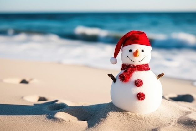 Homem de neve sorridente com chapéu vermelho de Papai Noel na praia