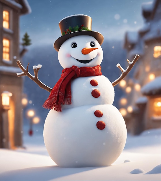 Homem-de-neve sorridente e alegre com chapéu e lenço Ilustração de Natal IA gerativa