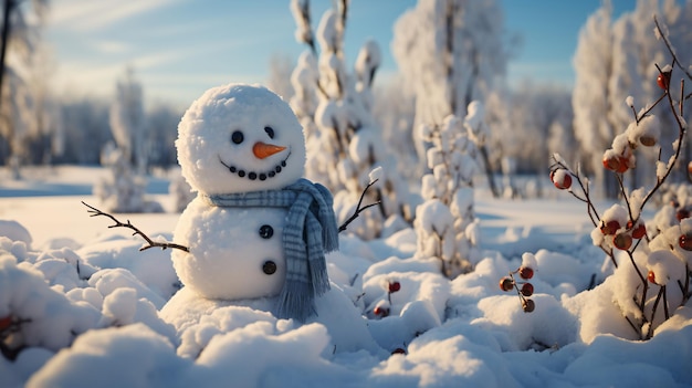 Homem de neve sorridente e feliz num dia ensolarado de inverno