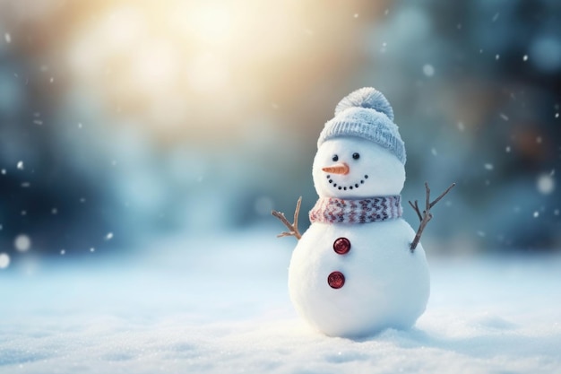 Homem de neve sorridente feliz em fundo borrado de neve com flocos de neve caindo composição de Natal com espaço de cópia conceito de férias de inverno