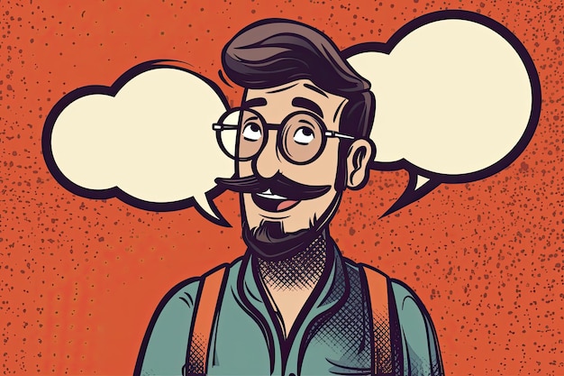 Homem de óculos e bigode pensando com um balão de pensamento acima da cabeça