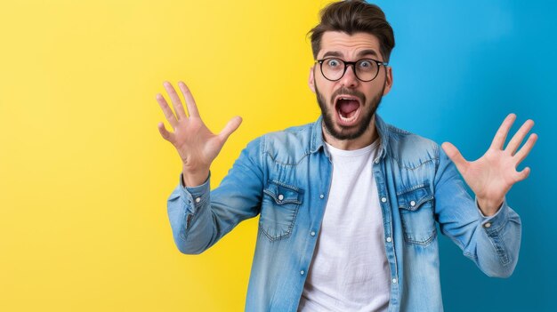 Foto homem de óculos e casaco de jeans fazendo uma cara