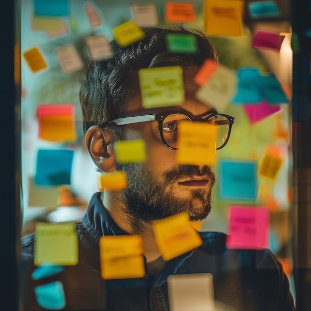 Foto homem de óculos em frente à parede de notas adesivas