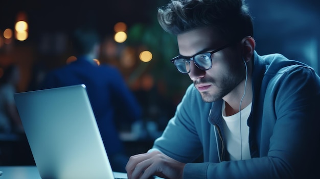 Homem de óculos está olhando para o computador homem trabalhando on-line no desktop em