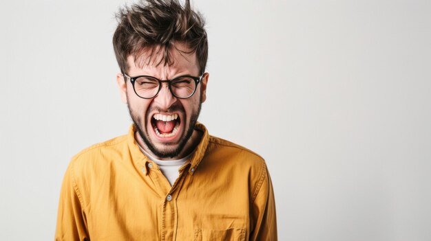 Foto homem de óculos expressando intensa frustração com um grito em um fundo simples