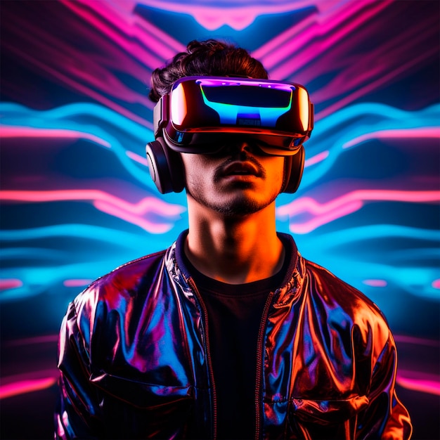 Homem de óculos virtuais foto fundo neon