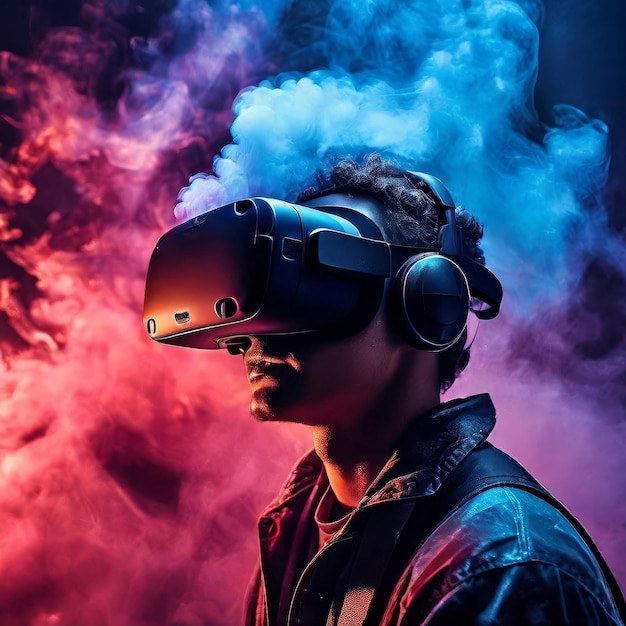 Homem de óculos VR em fumaça colorida por trás