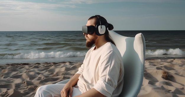 Homem de óculos vr ou fone de ouvido de realidade virtual está relaxado sentado em uma poltrona na praia perto da praia