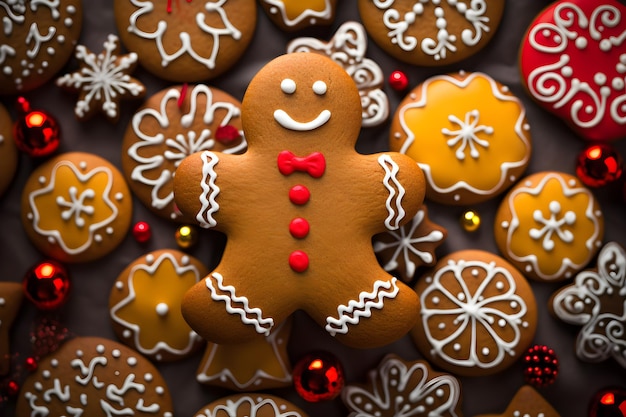 Homem de pão de gengibre em fundo festivo de Natal brilhante