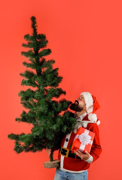 Homem de Papai Noel com presente de Natal e árvore de abeto na mão homem barbudo fantasiado de Papai Noel com caixa de presente e