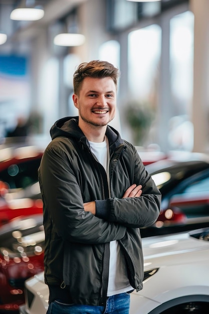 Homem de pé ao lado de um carro elétrico branco