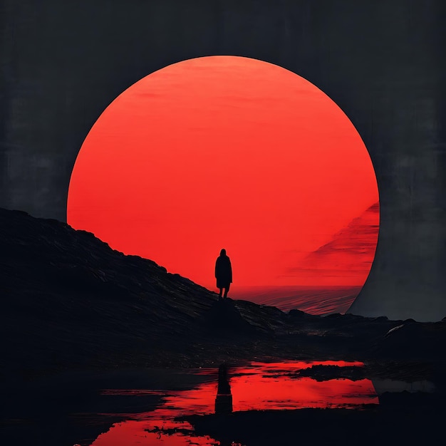 homem de pé com grande pôr-do-sol vermelho no mar