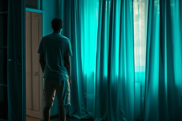 Homem de pé em frente à janela com cortinas azuis