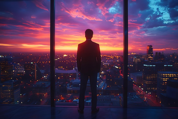 Homem de pé em frente à janela com vista para a cidade IA generativa