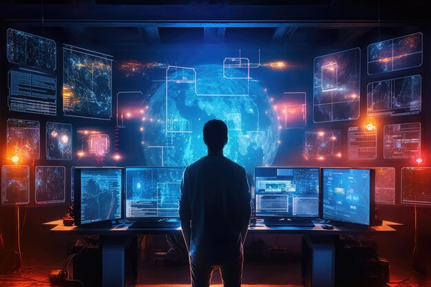 Homem de pé em frente a monitores brilhantes Diagramas de fluxo de dados e números na tela Ilustração de IA gerativa