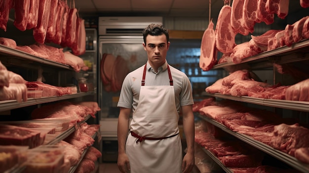 Homem de pé em frente a prateleiras com carne crua Açougueiro masculino ou comerciante trabalhando em meathsop moderno