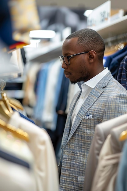 Homem de pé em frente a uma prateleira de camisas