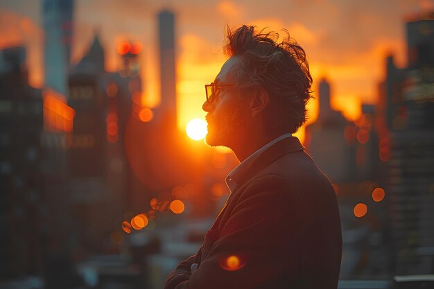 Homem de pé em frente ao horizonte da cidade no pôr-do-sol