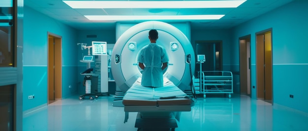 Foto homem de pé em frente ao muro enquanto é escaneado por raios-x. escaneamento de fraturas, membros quebrados, peito e câncer. hospital moderno com tecnologia médica avançada.