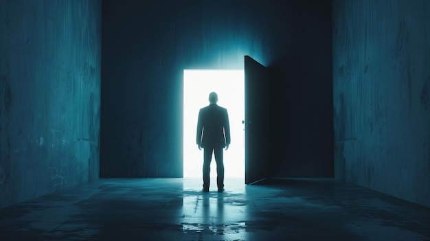 Homem de pé em uma sala escura com luz no final