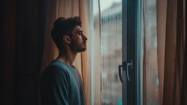 Foto homem de pé junto à janela com um olhar desanimado refletindo profunda tristeza e melancolia