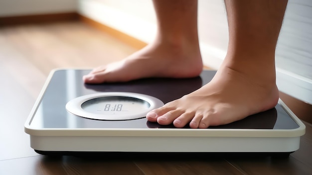 homem de pé na balança de peso dentro de casa closeup conceito de perda de peso dicas de nutrição