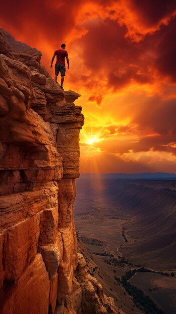 Homem de pé na borda de um penhasco com vista para um desfiladeiro ao pôr do sol