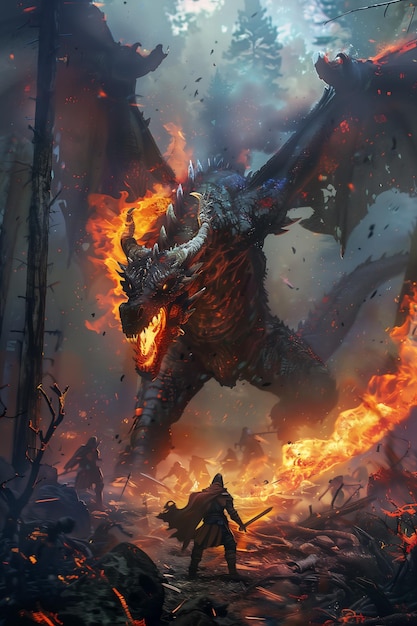homem de pé na frente espada dragão vídeo fogo gigante óleo respiração streaming floresta proibida maw