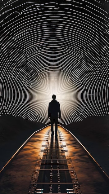 Homem de pé na luz em frente ao túnel