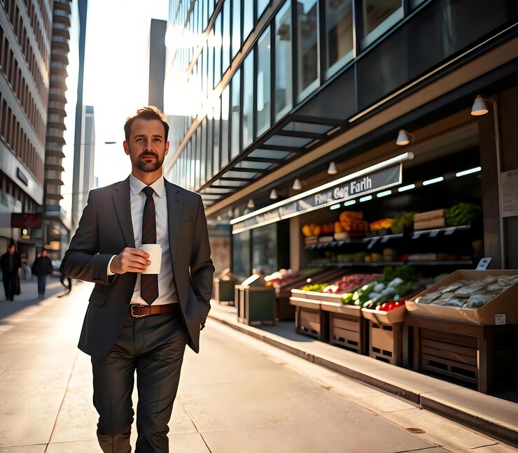 Foto homem de pé na rua da cidade com café