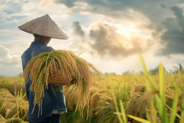 Foto homem de pé no campo de arroz com chapéu