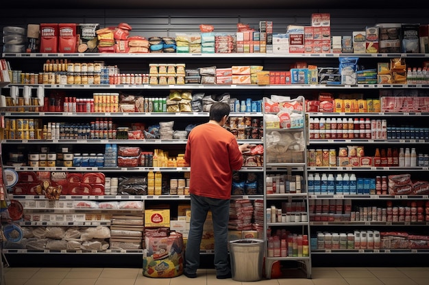 Foto homem de pé no supermercado e olhando para as prateleiras com produtos alimentares ai gerados