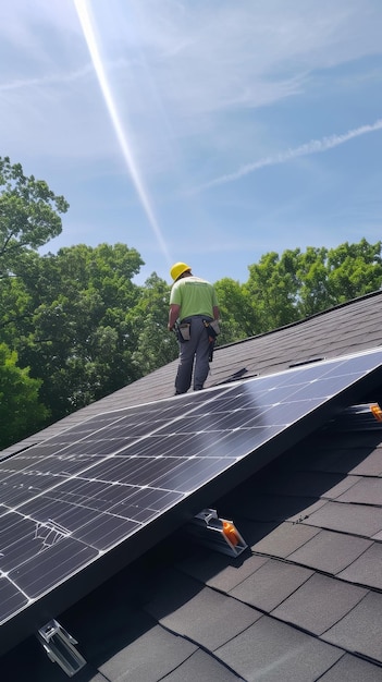 Homem de pé no telhado ao lado do painel solar