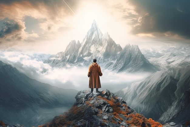 Homem de pé no topo da montanha e olhando para o valeO homem agradece a Deus na montanha