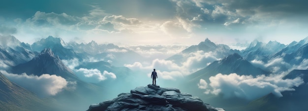 Homem de pé no topo de uma montanha entre montanhas