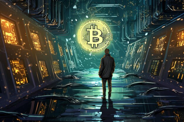 Homem de pé no túnel com Bitcoin