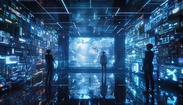 Homem de pé numa sala de controlo com múltiplos ecrãs de dados Tecnologia e conceito de vigilância
