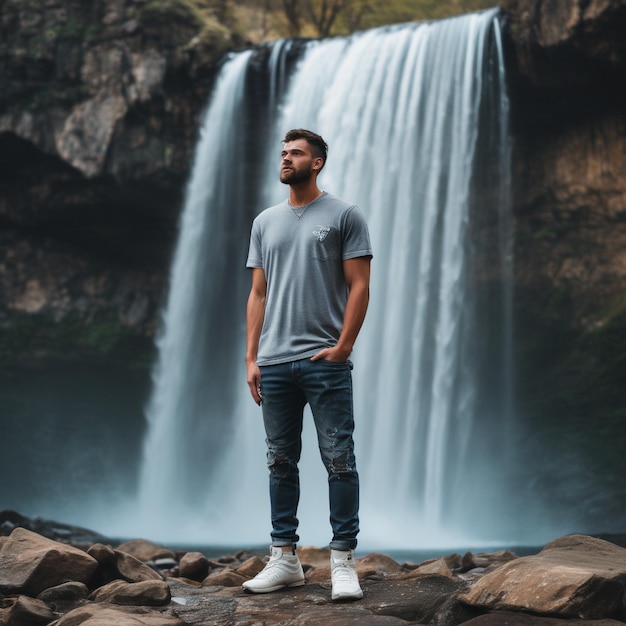 Foto homem de pé perto da cachoeira vestindo camiseta cinzenta de pescoço de tripulação e calças de jeans azuis angustiadas k0bicc12y