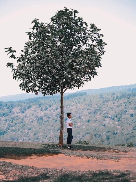 Foto homem de pé perto de uma árvore na montanha