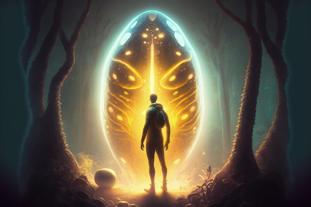 Homem de pé sobre ovos brilhantes contendo criaturas monstruosas conceito de ficção científica Conceito de fantasia Ilustração pintura Generative AI