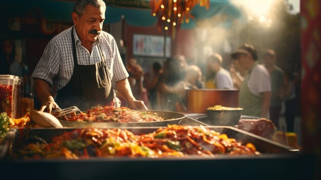 Homem de pé sobre uma grande bandeja de comida