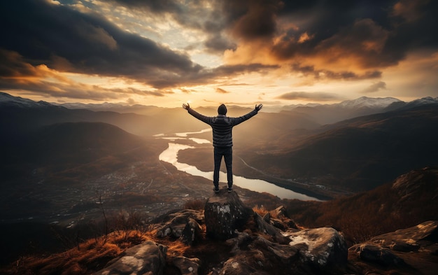 Foto homem de pé triunfante no topo da montanha ia generativa