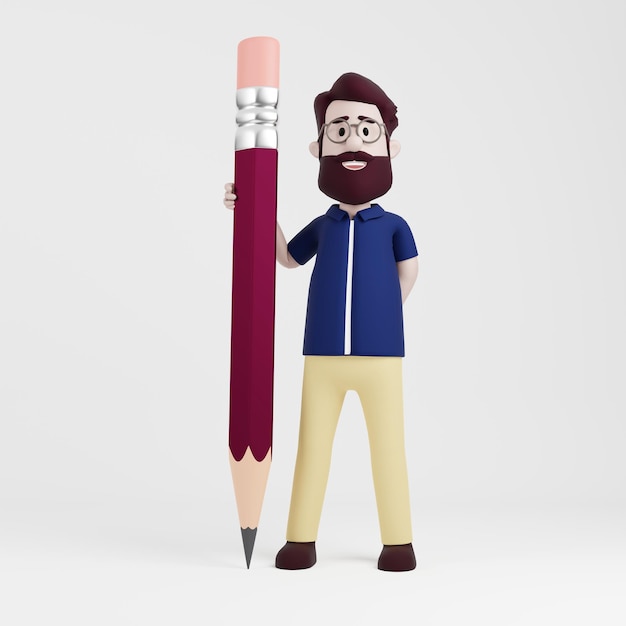 Homem de personagem 3d em pé segurando uma caneta