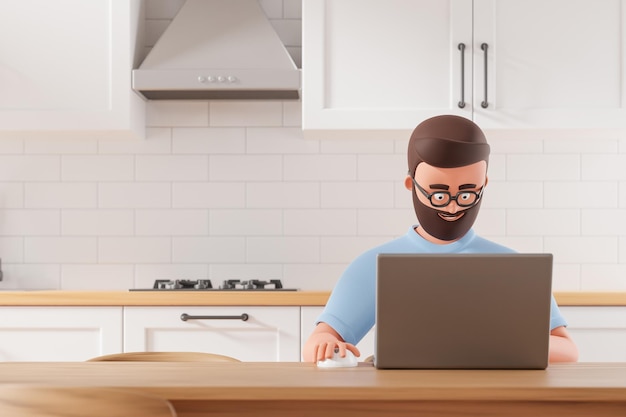 Homem de personagem de barba de desenho animado em óculos assistindo master class online na cozinha de casa branca com o conceito de pandemia de quarentena e trabalho à distância de laptop