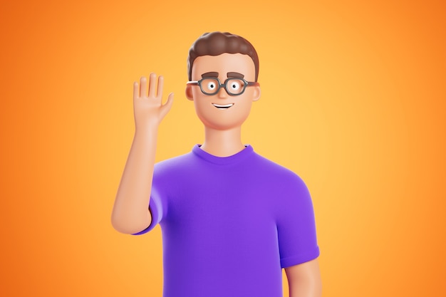 Homem de personagem de desenho animado bonito de óculos e camiseta roxa acenando com a mão e dizendo Olá sobre fundo amarelo. Ilustração 3D render.